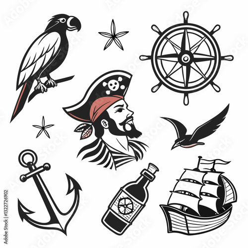 Pirates. Old school tattoo vector collection. Sea adventure. Traditional tattooing style. Captain, parrot, ship in storm, girl filibuster, compass, anchor, rum, treasure island, swallows photo