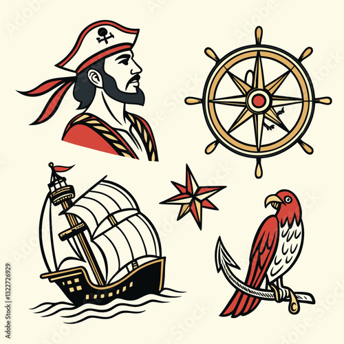Pirates. Old school tattoo vector collection. Sea adventure. Traditional tattooing style. Captain, parrot, ship in storm, girl filibuster, compass, anchor, rum, treasure island, swallows