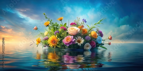 Vibrant floral arrangement afloat on tranquil ocean waters under a breathtaking sunset sky