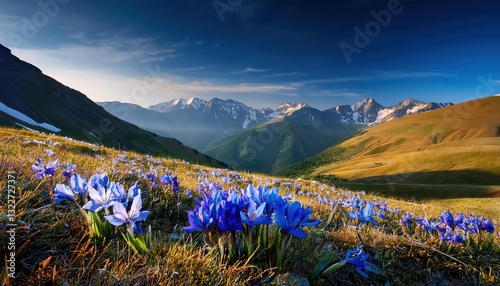 Stunning Winter Bloom Wild Blue Irises Amidst SnowCapped Mountains at Dawn, TransIli Alatau Range, Kazakhstans Majestic Landscape Captured in Pristine Detail. photo