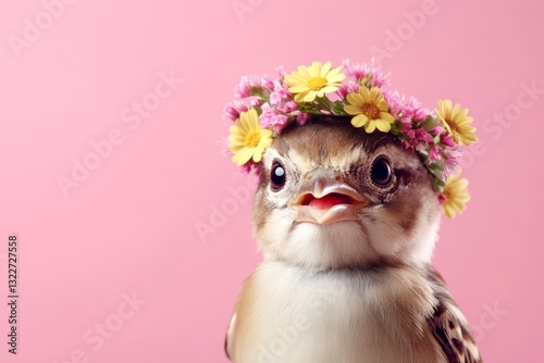 Cute baby animal sparrow wearing feral flower circlet on its head - symbol of sunny days. Isolated pink background, copy space, promotion conceptual art. Animal in flower crown shot.