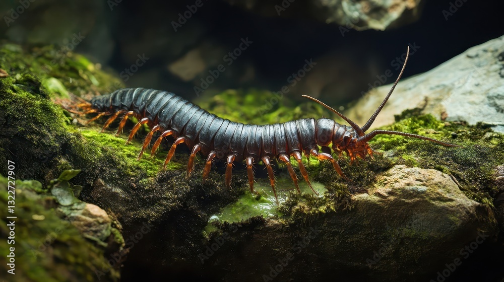 A segmented invertebrate with many legs crawls on green mossy ground A segmented invertebrate with many legs crawls on green mossy ground