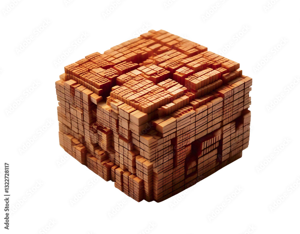 Intricate wooden cube sculpture, composed of numerous small blocks. A mesmerizing 3D texture and complex arrangement. Intricate wooden cube sculpture, composed of numerous small blocks. A mesmerizing 3D texture and complex arrangement.