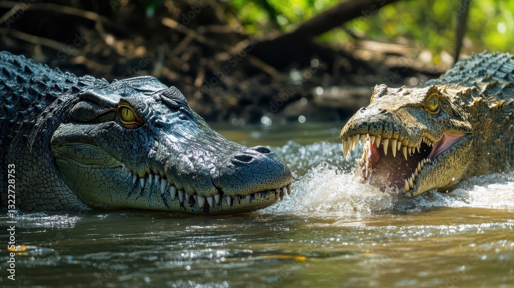 Obraz premium Two Large Crocodilians Face Each Other In Murky Water