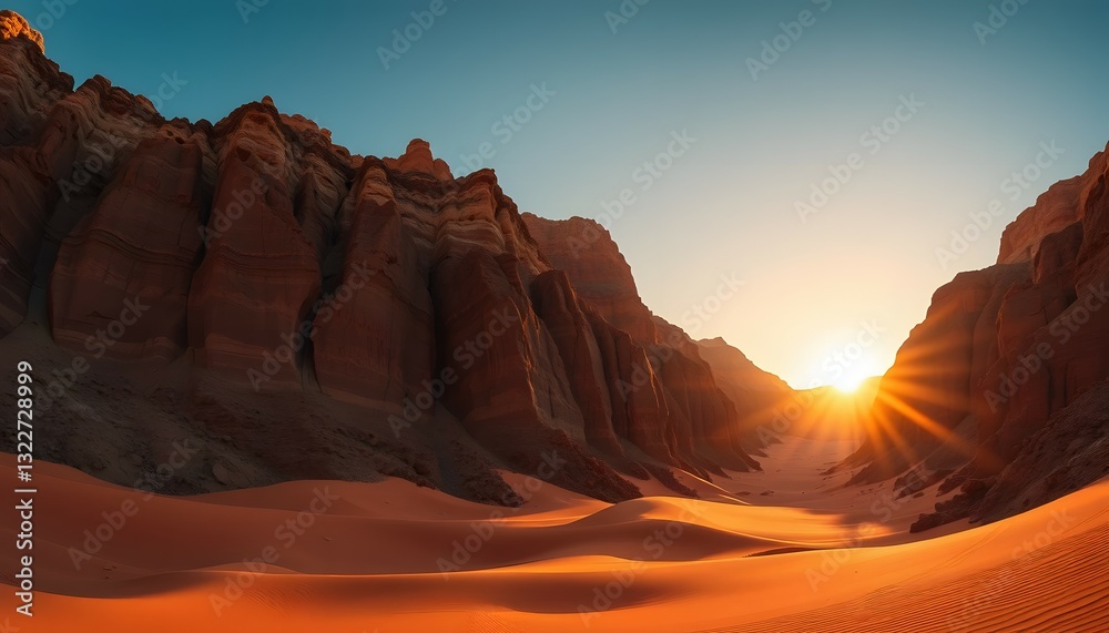 Naklejka premium Desert Canyon at Sunset Dramatic Landscape with Sand Dunes and Warm Sunlight