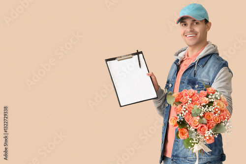 Male courier with bouquet o...