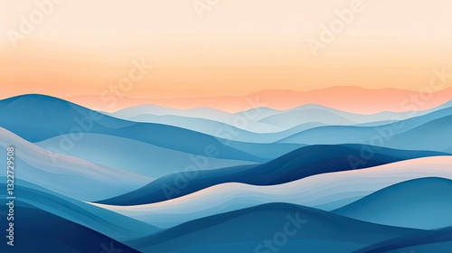 Abstract landscape background concept. Serene abstract landscape featuring soft, flowing hills in calming blue tones at sunset.