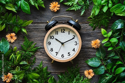 The beauty daylight saving time changeover with a clock and fresh greenery