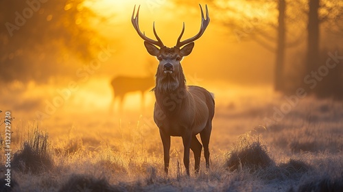 Majestic Deer Standing in Golden Sunrise Misty Landscape