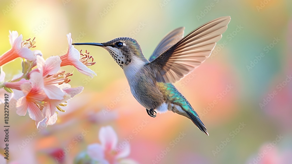 Fototapeta premium Colorful Hummingbird Hovering Near Delicate Pink Flower Petals