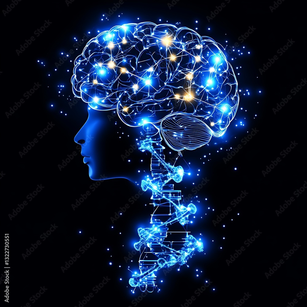 Fototapeta premium Glowing Brain and Dna Neural Network and Genetic Code Art