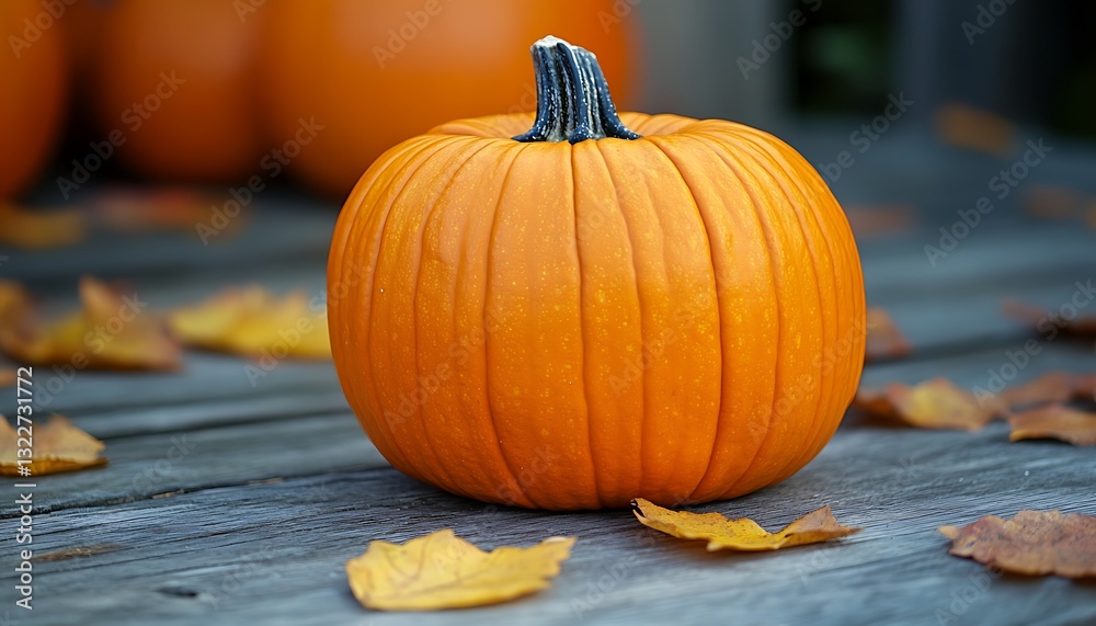A single orange pumpkin resting on a wooden surface naturally A single orange pumpkin resting on a wooden surface naturally