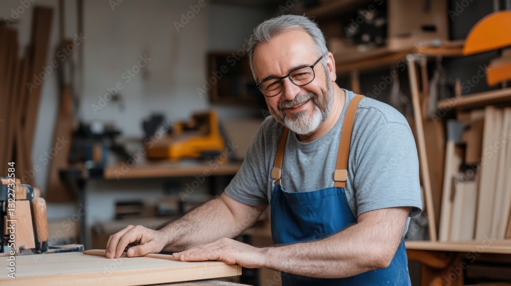 Cheerful carpenter smiling in workshop while working with wood, showcasing craftsmanship and woodworking skills Cheerful carpenter smiling in workshop while working with wood, showcasing craftsmanship and woodworking skills
