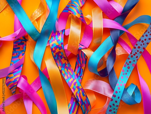 Various colorful ribbons with different patterns twisted together on a bright background