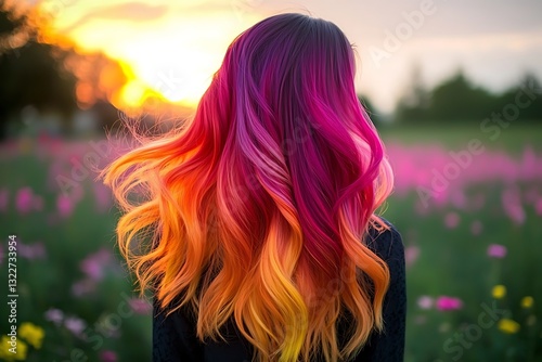 Woman with balayage ombre hair standing in a field flowers hair flowing in the breeze