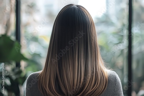 Woman with long balayage ombre hair showing off the dark-to-light color transition from behind
