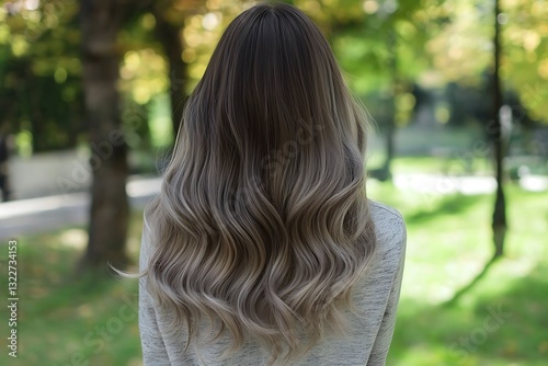 Woman with balayage ombre hair walking in the park showing a smooth gradient from roots to tips
