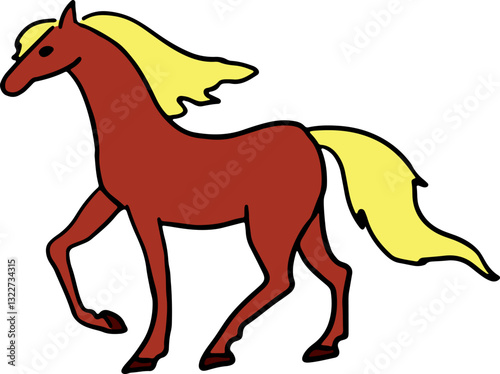 a standing brown horse with one raised hoof and a yellow mane flying in the wind side view full length