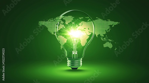World map glowing inside a light bulb symbolizing renewable energy set on a green backdrop