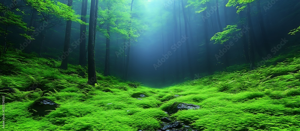Fototapeta premium Lush Green Forest Path Mystical Fog Landscape Photo