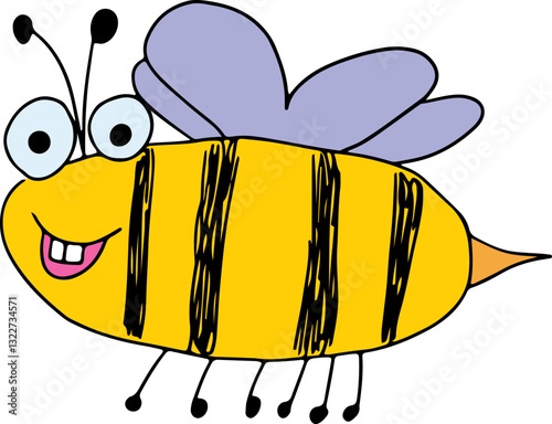 smiling funny fat flying striped yellow bee with two teeth looking happily at camera side view full length