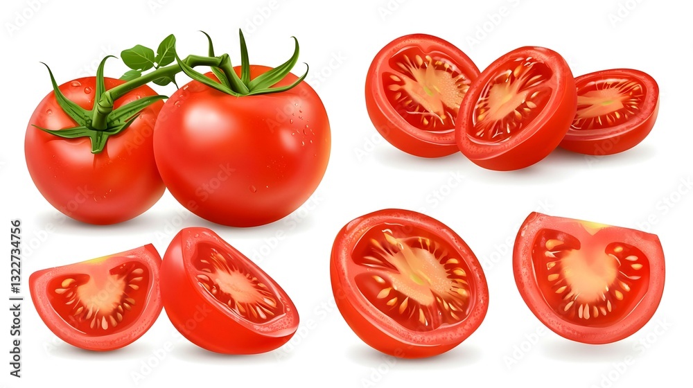 Set of fresh red tomato with cut sliced isolated Set of fresh red tomato with cut sliced isolated