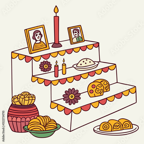 Cartoon day of the dead dia de los muertos mexican ofrenda altar featuring marigold flowers, food, candles, sugar skulls and photos of ancestors symbolizing remembrance, culture, and ancestral respect