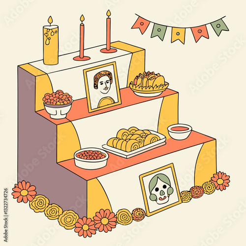 Cartoon day of the dead dia de los muertos mexican ofrenda altar featuring marigold flowers, food, candles, sugar skulls and photos of ancestors symbolizing remembrance, culture, and ancestral respect
