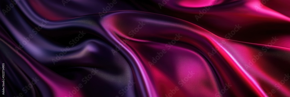 Obraz premium Black dark purple red burgundy maroon magenta pink rose abstract background Curtain. Silk satin fabric. Silky shine glitter. Soft folds wavy line. elegant luxury festive romantic , Wide Banner 