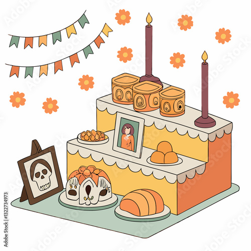 Cartoon day of the dead dia de los muertos mexican ofrenda altar featuring marigold flowers, food, candles, sugar skulls and photos of ancestors symbolizing remembrance, culture, and ancestral respect