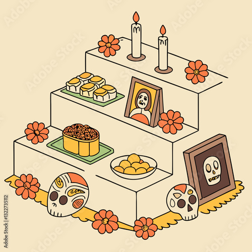 Cartoon day of the dead dia de los muertos mexican ofrenda altar featuring marigold flowers, food, candles, sugar skulls and photos of ancestors symbolizing remembrance, culture, and ancestral respect
