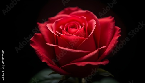 A breathtaking close-up of a deep red rose slowly opening against a completely black background. The petals are velvety, rich in color, and have delicate curves, 