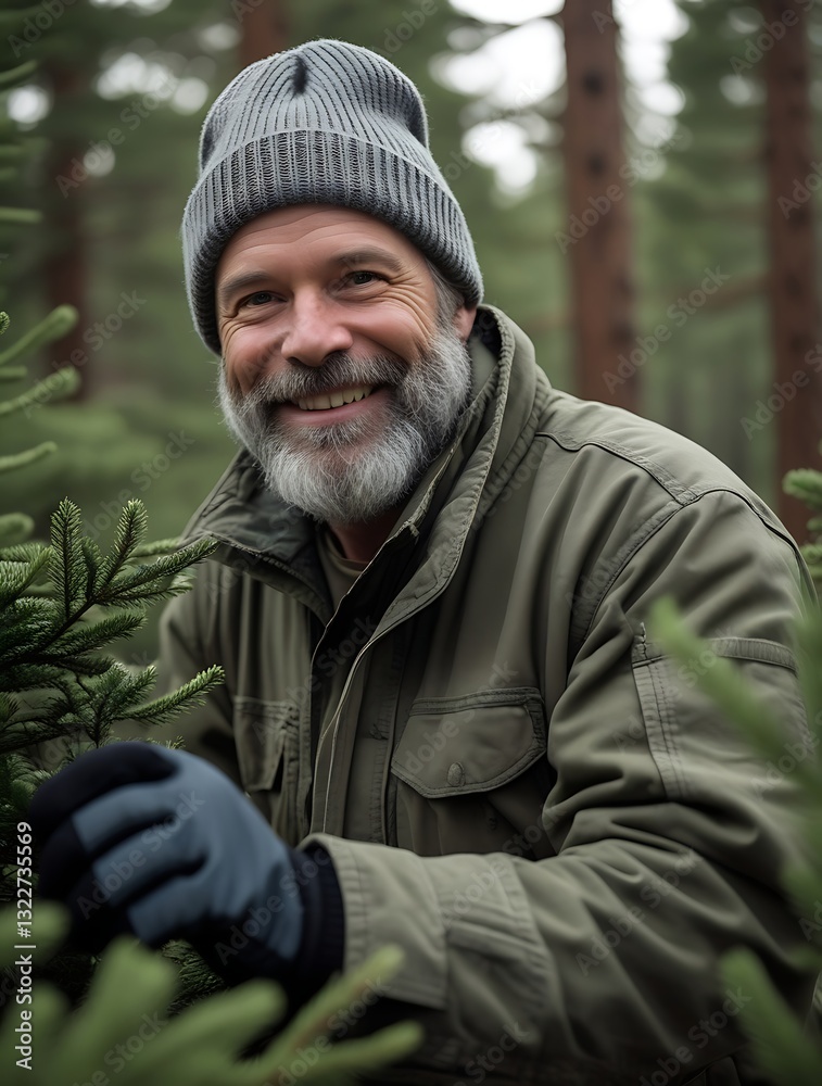 An elderly man with a warm smile and a gray beard is seen wearing a beanie, gloves, and an olive-green jacket while working among evergreen trees in a forest. His joyful expression conveys a sense of An elderly man with a warm smile and a gray beard is seen wearing a beanie, gloves, and an olive-green jacket while working among evergreen trees in a forest. His joyful expression conveys a sense of