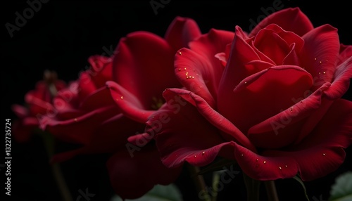 A breathtaking close-up of a deep red rose slowly opening against a completely black background. The petals are velvety, rich in color, 