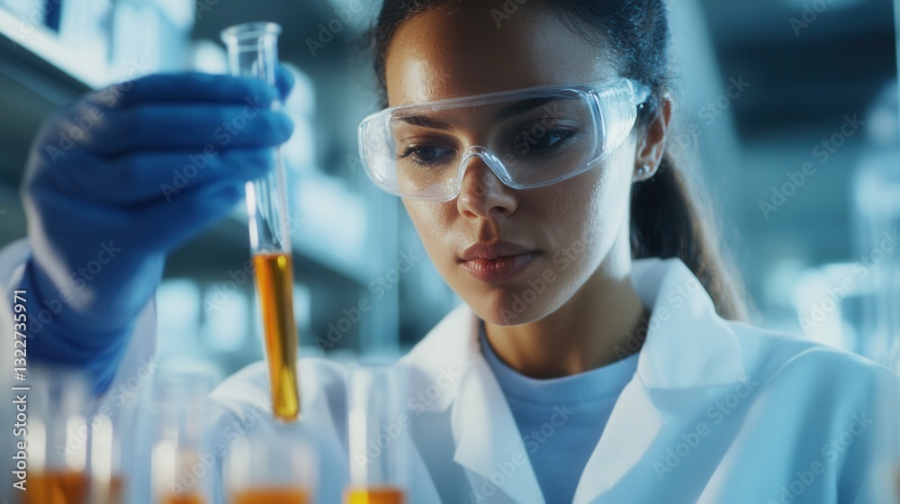 Scientist conducts experiment with test tube in modern laboratory focusing on research outcomes and methodologies Scientist conducts experiment with test tube in modern laboratory focusing on research outcomes and methodologies