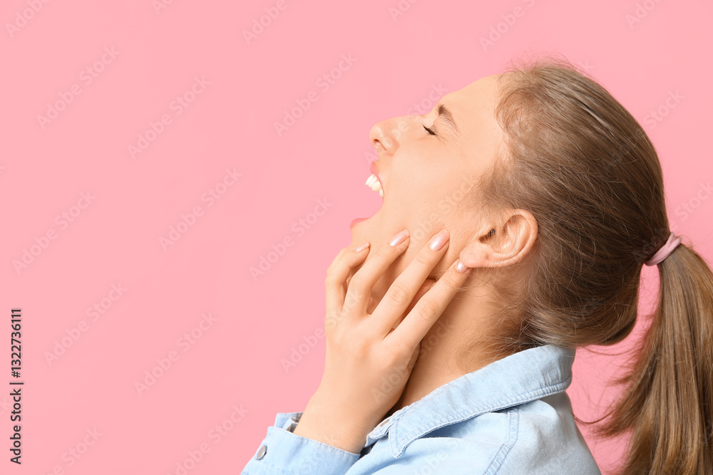 Emotional young woman suffering from toothache on pink background Emotional young woman suffering from toothache on pink background