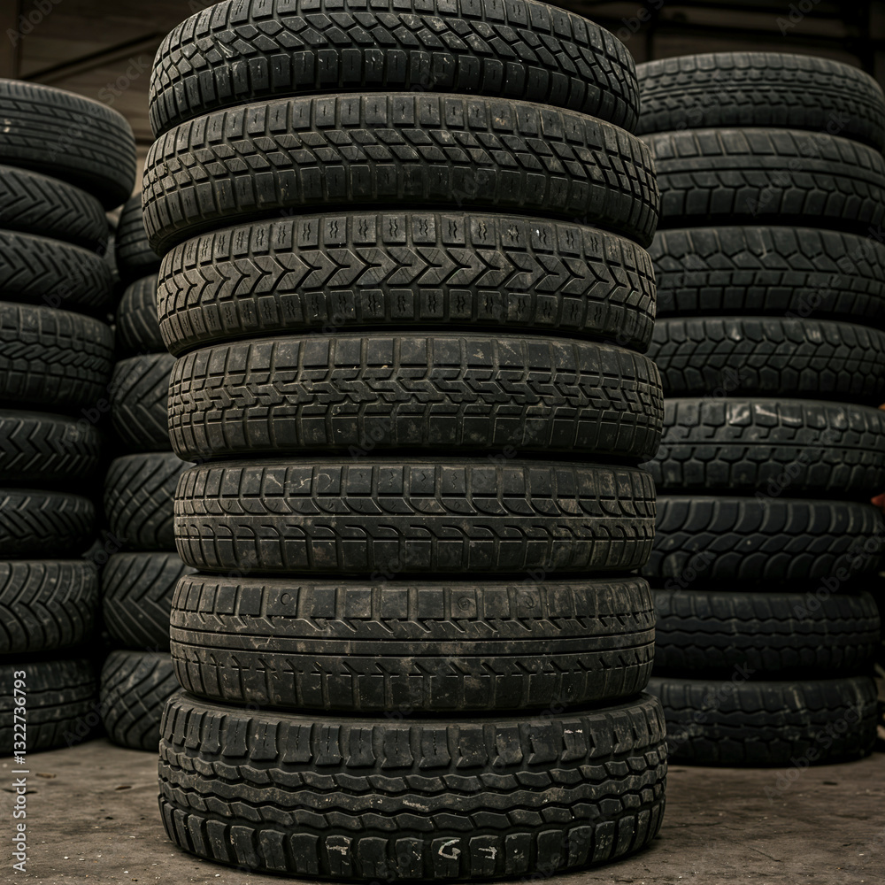 Stacked Used Tires in Warehouse with Various Tread Patterns Stacked Used Tires in Warehouse with Various Tread Patterns