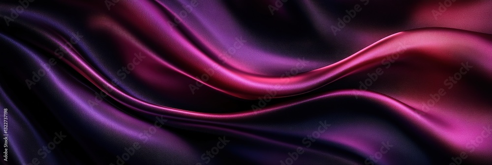 Fototapeta premium Black dark purple red burgundy maroon magenta pink rose abstract background Curtain. Silk satin fabric. Silky shine glitter. Soft folds wavy line. elegant luxury festive romantic , Wide Banner 