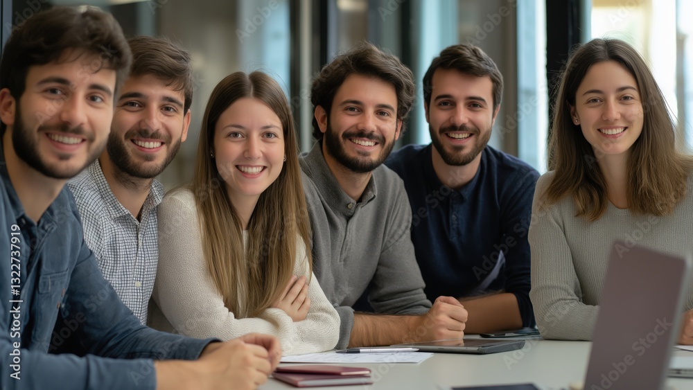 Confident business team posing with it's leader at a corporate office looking at camera Confident business team posing with it's leader at a corporate office looking at camera