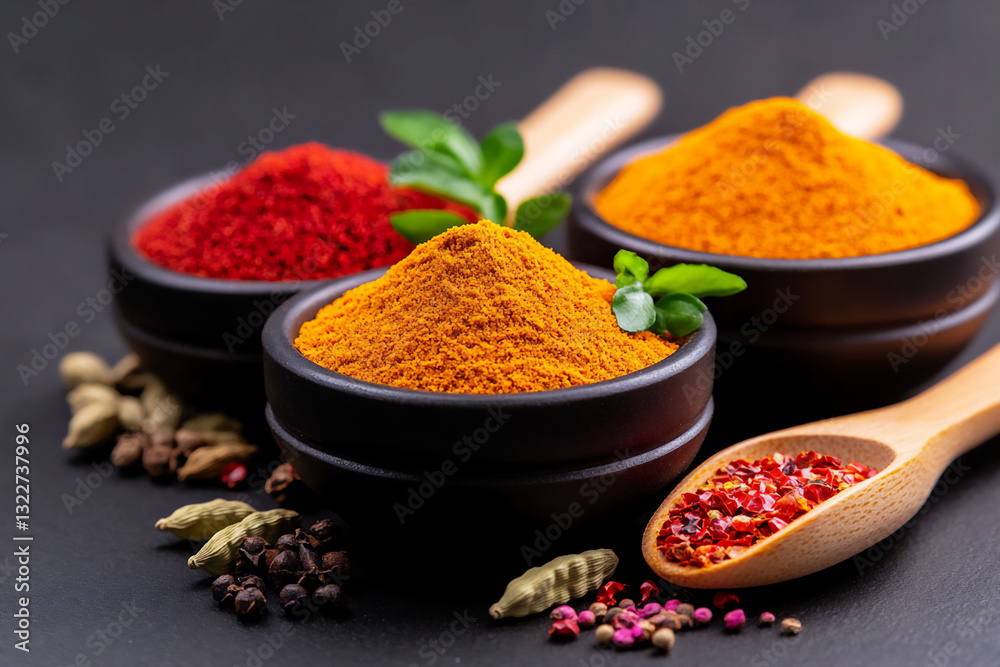 a photo of various spices and herbs, including cumin powder, a photo of various spices and herbs, including cumin powder,