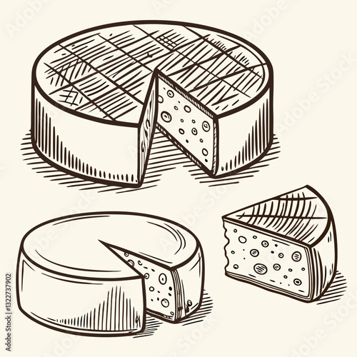 Hand-drawn, engraving-style illustration of three different cheese wheels, including whole and sliced pieces