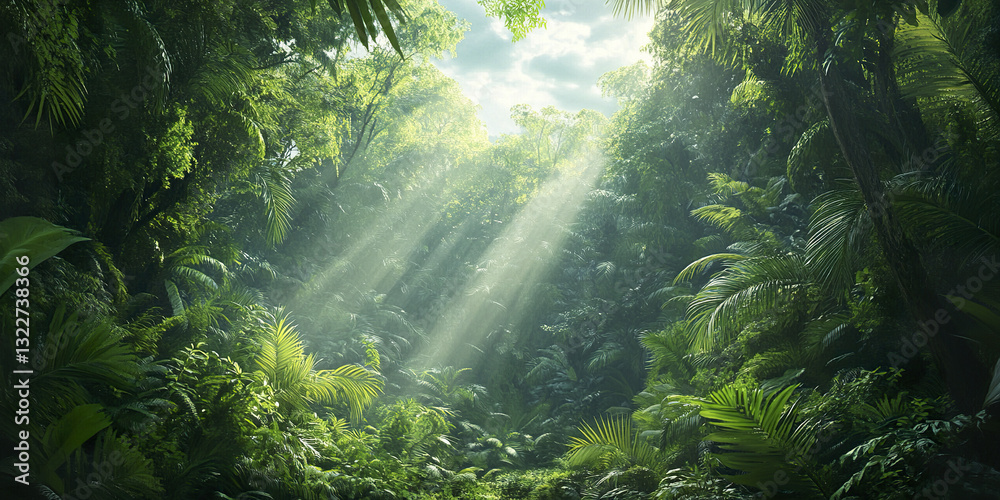 Fototapeta premium Lush green rainforest with sunlight streaming through canopy