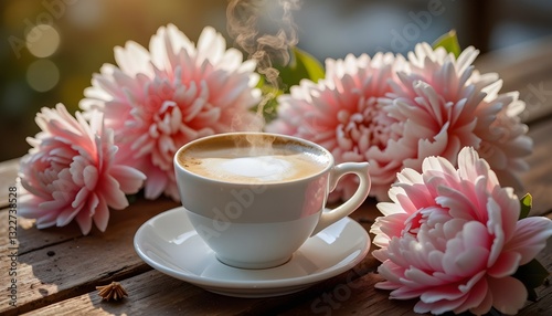 An elegant still life composition where a steaming cup of cappuccino sits on a vintage wooden tray, surrounded by fresh peonies in full bloom. 