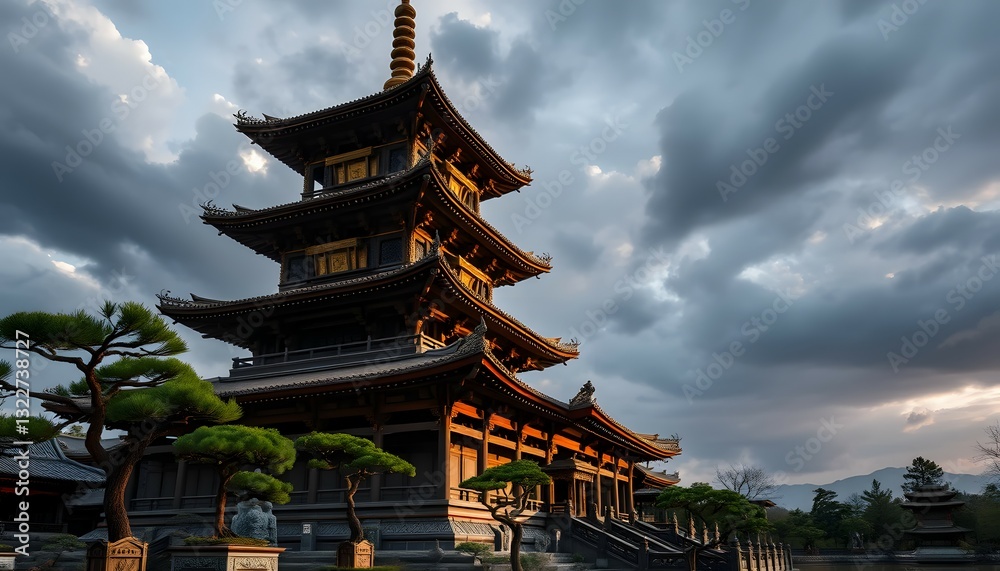 Naklejka premium Majestic Japanese Pagoda Under Dramatic Cloudy Sky with Lush Green Trees