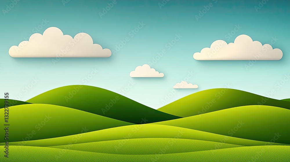 Obraz premium Abstract landscape background concept. Stylized green hills under a clear blue sky with soft clouds in the background.
