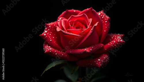 A stunning, high-resolution macro photograph of a red rose in full bloom against a pitch-black background. The petals spiral outward symmetrically, glowing softly under controlled lighting, 