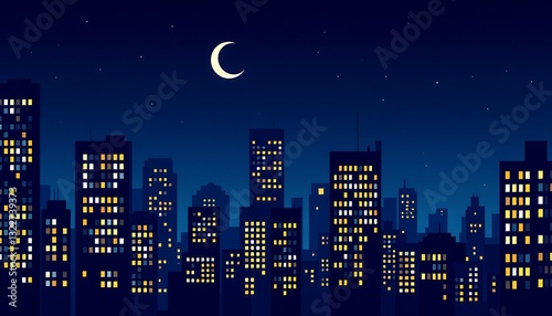 City at Night with Moon and Stars Over Buildings Illustration