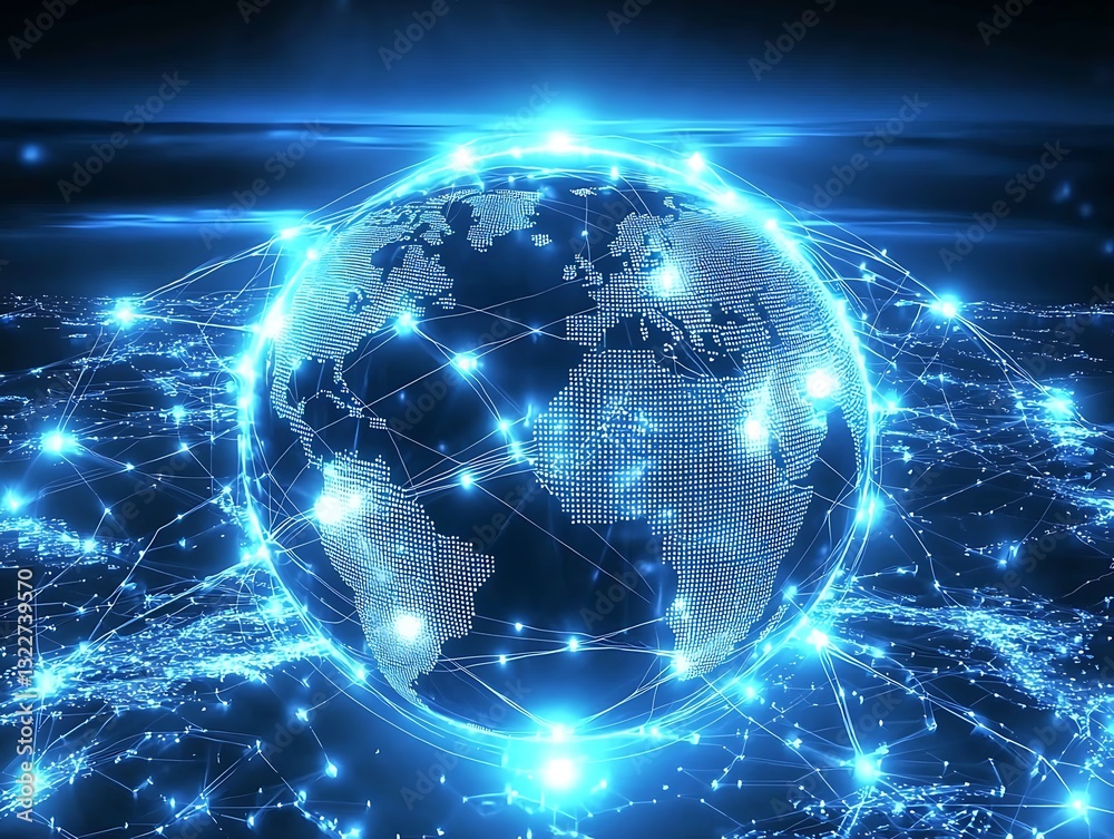 A glowing blue globe surrounded by interconnecting digital data links A glowing blue globe surrounded by interconnecting digital data links