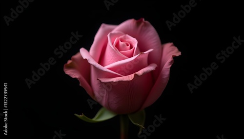 A delicate pink rosebud slowly unfurls its petals against a deep black background, captured in a time-lapse effect. The soft petals transition from tightly wrapped to fully open, 