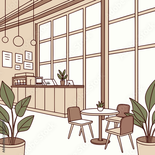 Empty no people eco-friendly cafe cozy design interior with green pants in pots vector illustration